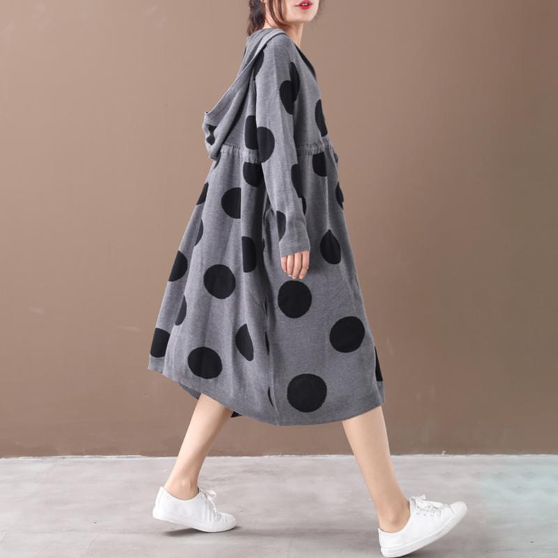 Buykud Literary Polka Dot Drawstring Comfortable Hooded Dress