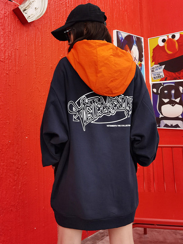 Original Split-Joint Contrast Color Letter Printed Batwing Sleeve Drawstring Hoodies