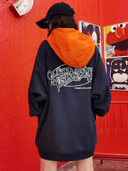 Original Split-Joint Contrast Color Letter Printed Batwing Sleeve Drawstring Hoodies