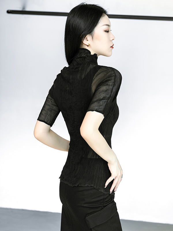 Original Solid Color High-Neck Long Sleeve See-Through T-Shirts Tops