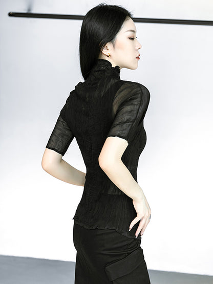 Original Solid Color High-Neck Long Sleeve See-Through T-Shirts Tops