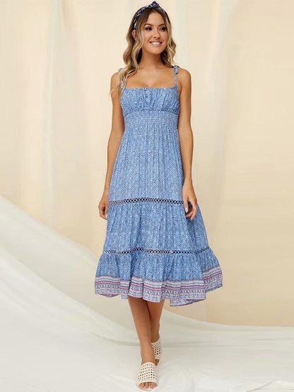 Printed Hollow Split-joint Spaghetti-neck Maxi Dress