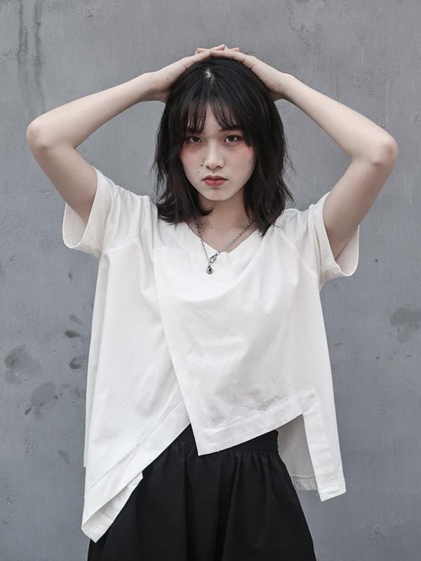 Simple Solid V-neck Asymmetric T-Shirt