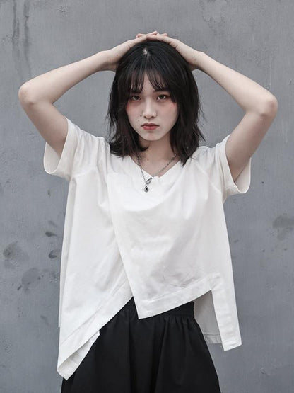 Simple Solid V-neck Asymmetric T-Shirt