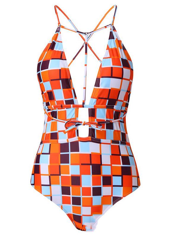 Sexy Bandage Hollow Diamond Printing One-Piece Swimwear