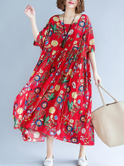 Vintage Loose Pleated Floral Printed Short Sleeves Midi Dress