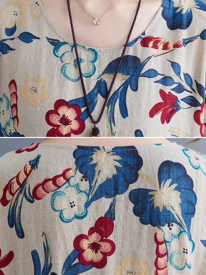 Casual Ramie Cotton Floral Printed Round-Neck Long Sleeves Over Size Maxi Dress