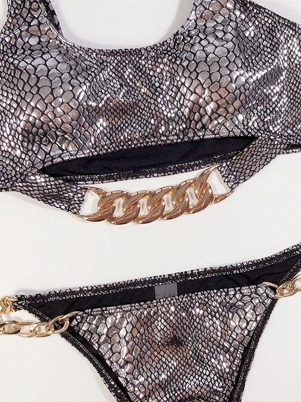 Snake-Print Chain Embellished Split Bikini Swimsuit