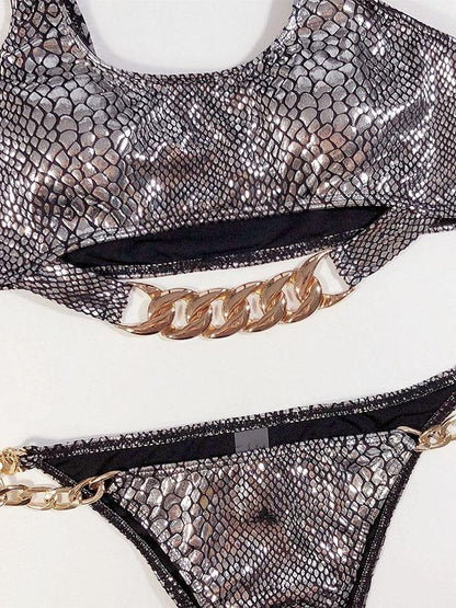 Snake-Print Chain Embellished Split Bikini Swimsuit