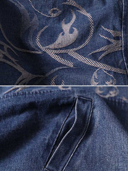 Vintage Buttoned Split-Joint Printed Long Sleeves Denim Jackets Outerwear