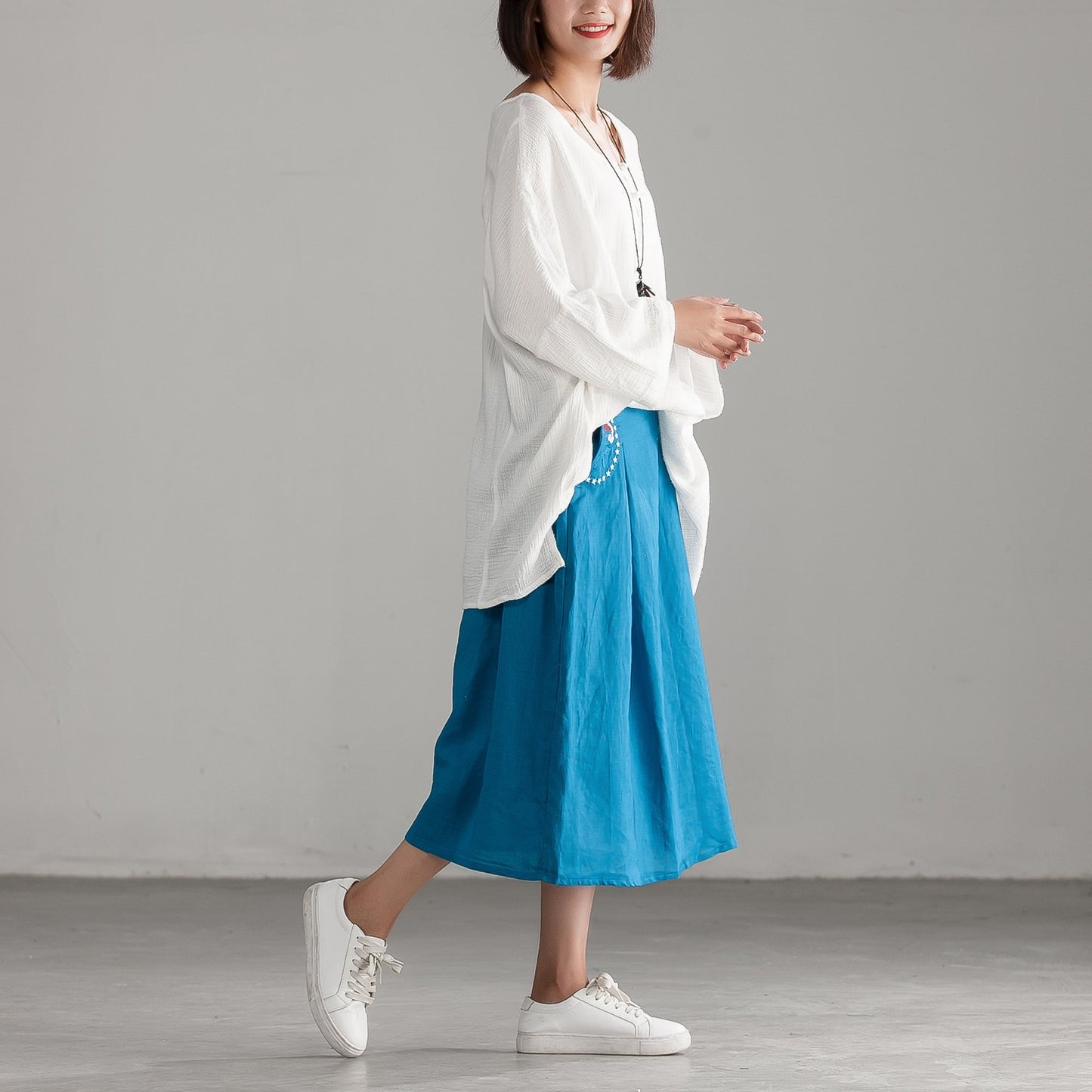 Embroidery Blue Casual Cotton Linen Calf Length Skirt