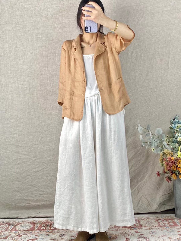 Artistic Retro Ramie Cotton Solid Color Split-Joint With Pocket Buttoned Notched Collar Long Sleeves Blazer Outwear
