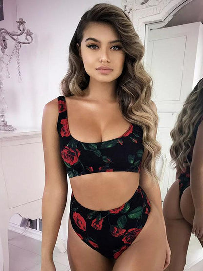 Black Printed High Waist Bikinis Swimwear