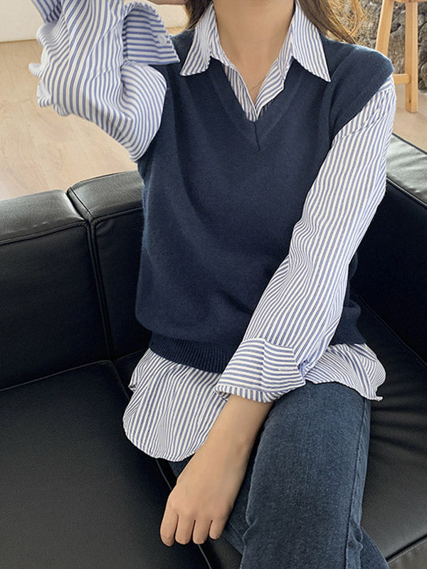 Simple Striped Buttoned Lapel High-Low Long Sleeves Blouse Tops