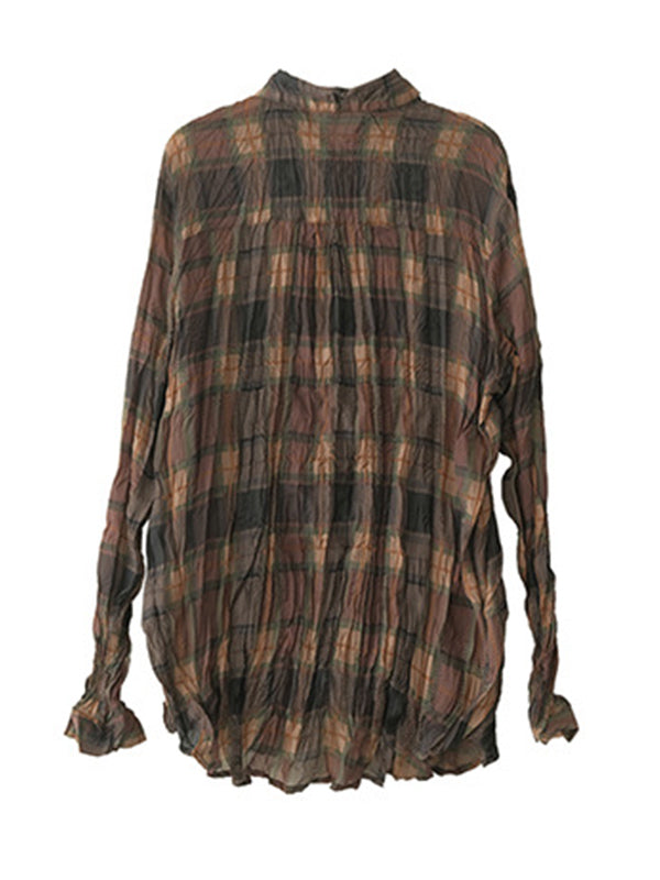 Vintage Printed Buttoned Pleated Lapel Long Sleeves Blouse Tops