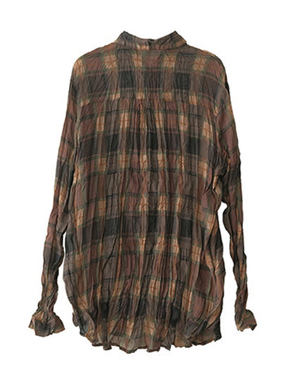 Vintage Printed Buttoned Pleated Lapel Long Sleeves Blouse Tops