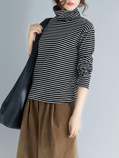 Comfortable Striped High-neck T-shirt