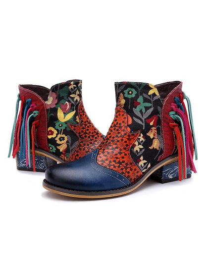 Printed Split-joint Tassels Zipper Booties