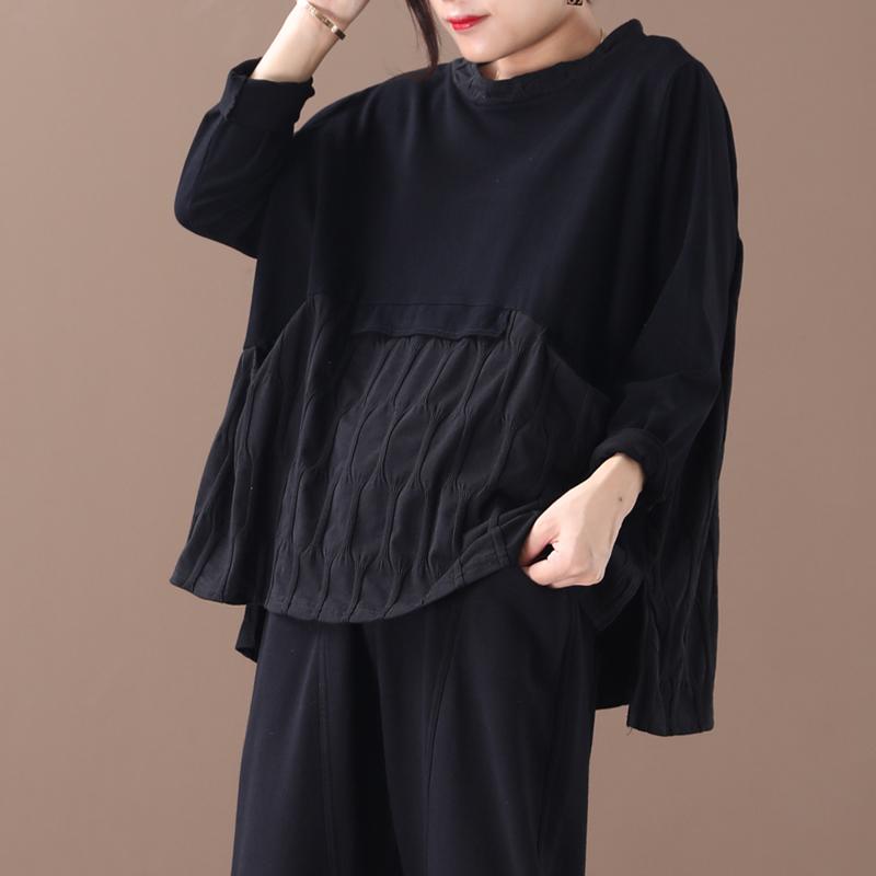 Buykud Loose Split Hem Spliced Long Sleeve Blouse