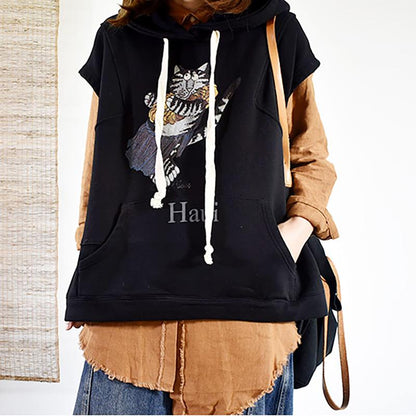 Buykud Casual Cartoon Cat Loose Sleeveless Hoodie