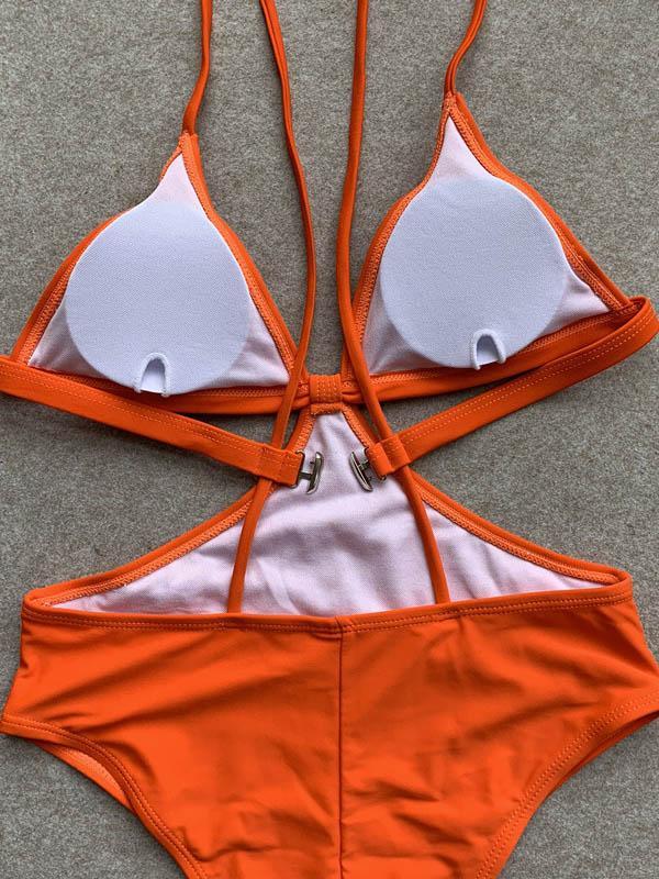 Solid Color Hollow Bandage Bikini Swimsuit