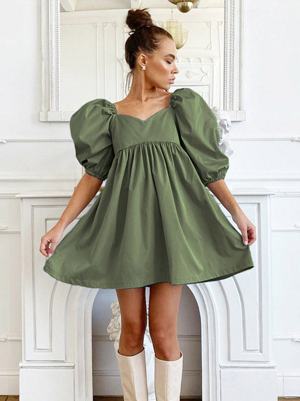 Stylish Split-Joint Pleated Puff Sleeves A-Line Mini Dress