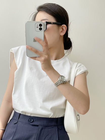 Simple Solid Color Round-Neck Cap-Sleeve Vest T-Shirt Tops