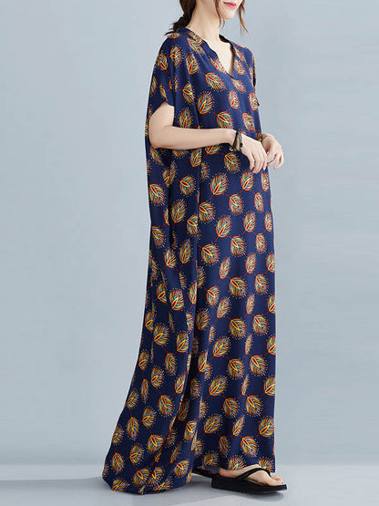 Vintage Printed V-Neck Batwing Short Sleeves Maxi Dress