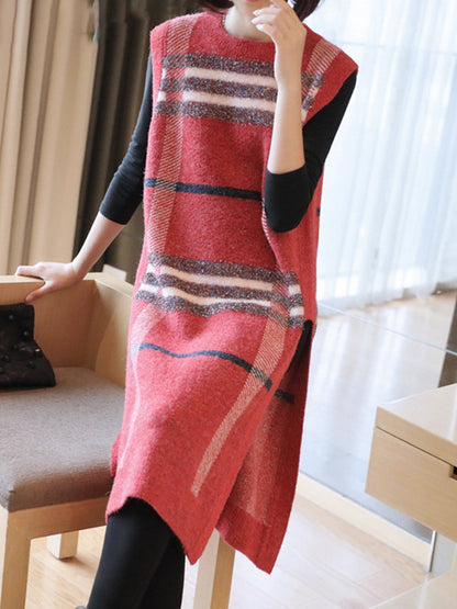 Artistic Retro Striped Split-Side Round-Neck Sleeveless Knitted Vest