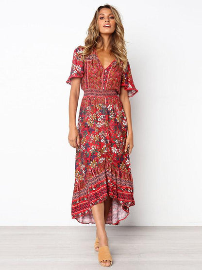 Printed Flared Sleeve Bohemian Flowers Maxi Dress