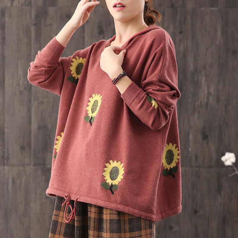 Buykud Casual Sunflower Adjustable Waist Hooded Sweater