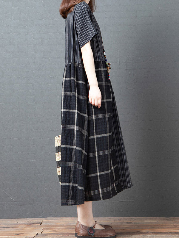 Artistic Retro Loose Split-Joint Striped Plaid V-Neck Short Sleeves Midi Dress