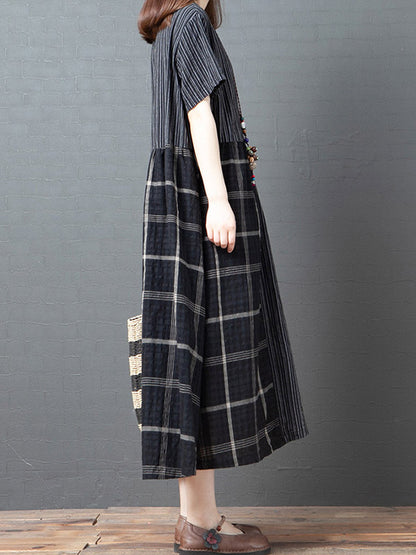 Artistic Retro Loose Split-Joint Striped Plaid V-Neck Short Sleeves Midi Dress