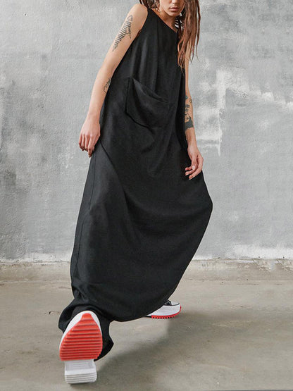 Hip-Hop Stylish Black Sleeveless With Pocket Low Crotch Jumpsuits