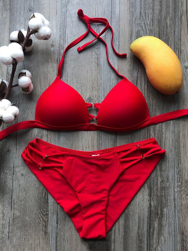 Solid Color Bandage Hollow Split Bikini Swimsuit