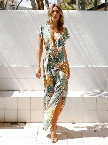 Printed Leaf Pattern Falbala Bohemia Jumpsuits