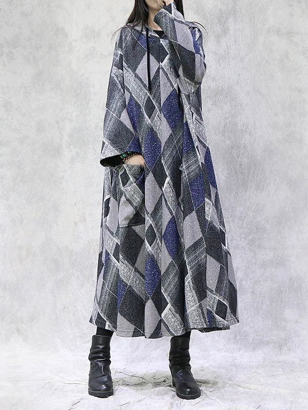 Artistic Retro Plaid Drawstring Hooded Midi Dress