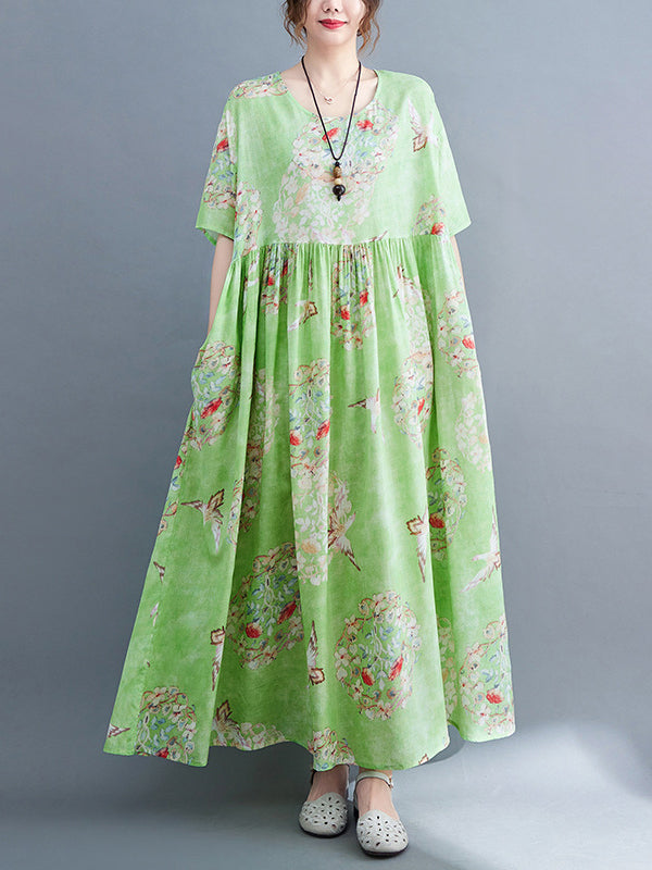 Loose Artistic Loose Floral Printed Pleated Midi Dress