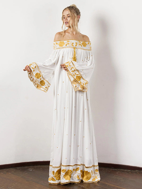 Vintage Embroidered Pleated Off-The-Shoulder Loose Maxi Dress