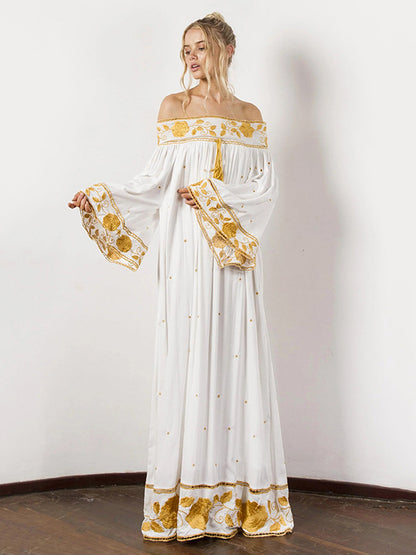 Vintage Embroidered Pleated Off-The-Shoulder Loose Maxi Dress