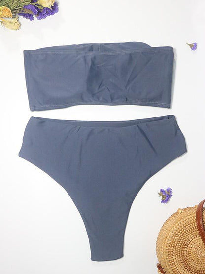 Solid Bandeau High Cut Bikinis Swimwear