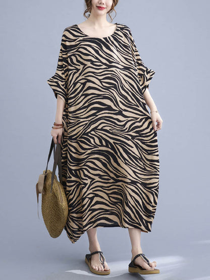 Original Zebra-Stripe Round-Neck Batwing Sleeve Midi Dress