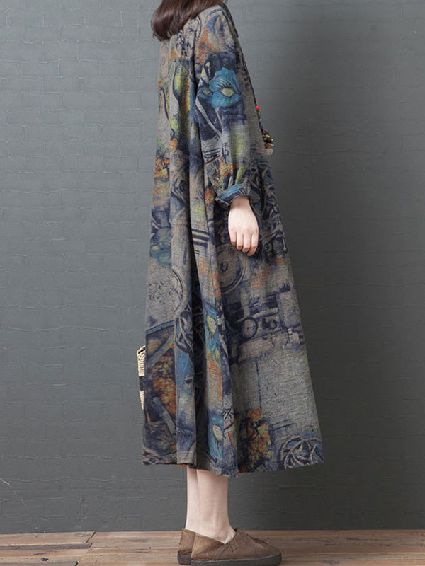 Vintage Buttoned Printed Ramie Cotton Lapel Long Sleeves Midi Dress
