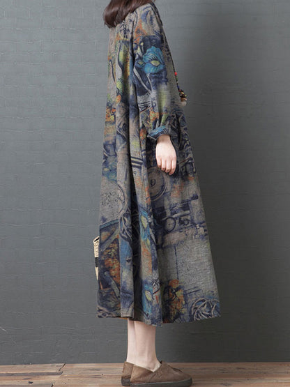 Vintage Buttoned Printed Ramie Cotton Lapel Long Sleeves Midi Dress