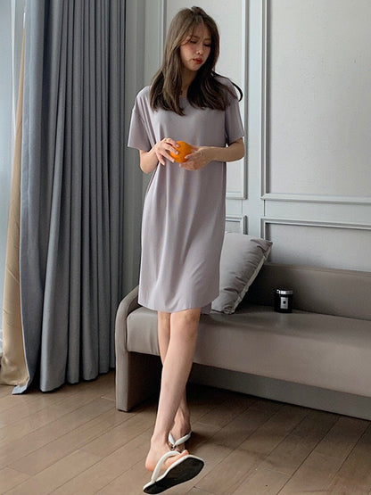 Casual Solid Color Short Sleeve Round-Neck Dress