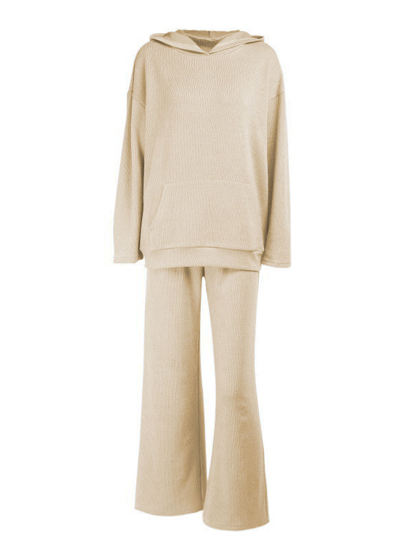 Simple Casual Solid Color Knitted Hoodies+Knitted Elasticity Wide Leg Pants 2 Pieces Set
