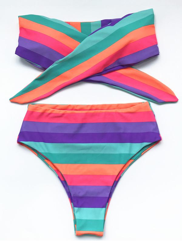 Strapless Knotted Color Stripe Bikini Swimsuit