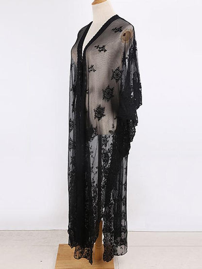 Lace See-Through Embroidered Bat Sleeve Tunicshang Cover-Ups Tops