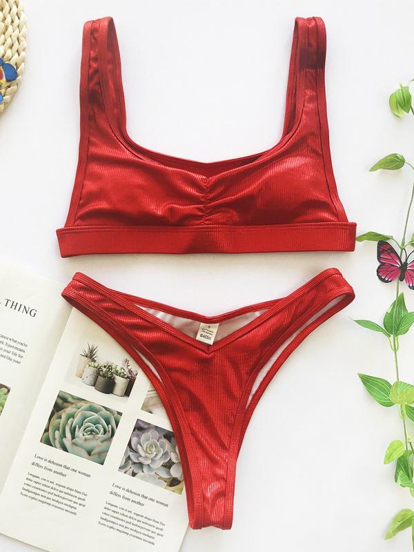 Solid Color Split Bikini Swimsuit