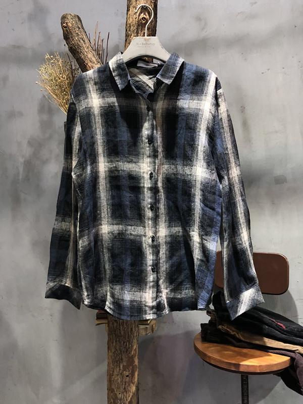 Blue Plaid Loose Linen Long Sleeve Shirt
